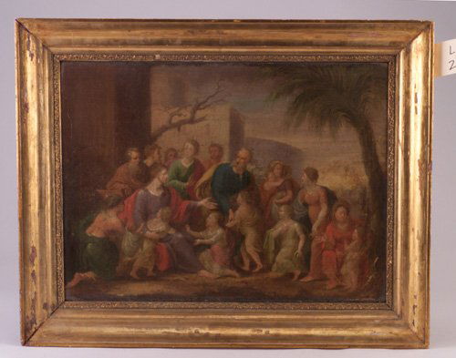 Oil on canvas, Continental school, Bibli: Oil on canvas, Continental school, Biblical scene, inscribed Benjamin West 1731-1820 in ink on stretcher, gilt wood frame, lined, over-cleaned, 17 1/2" x 24 1/2".