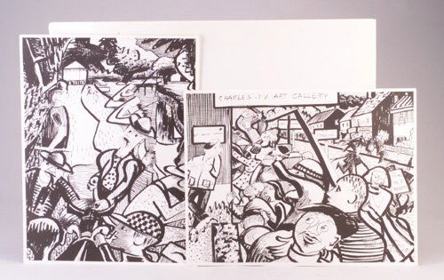 Eight Lloyd Ney prints of New Hope, PA: Eight Lloyd Ney (American, 1893-1965) photo-offset prints, c. 1975, depicting scenes of New Hope, Pa. street life, from original ink drawings dated 1960, with descriptions of the active tourist scene