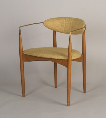 Eight IB KOFOD LARSEN for SELIG armchair: Eight IB KOFOD LARSEN for SELIG armchairs with thin brass arms and upholstered seat and back pads in a variety of fabrics, on tapering dowel-leg frames (two with ebonized finish). Some minor overall w