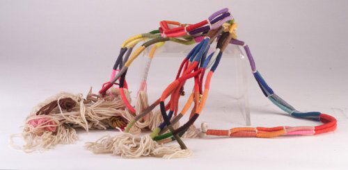 Two ANGELO TESTA multi-colored wool hang: Two ANGELO TESTA multi-colored wool hangers with bells and fringed ends. (Formerly in the estate of Angelo Testa). Approx. lengths: 58 1/2" and 76 1/2"