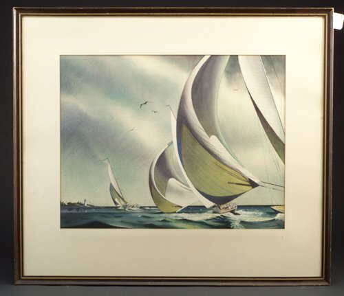 Sandor Bernath (American, b. 1892) "Spinn: Sandor Bernath (American, b. 1892) "Spinnakers and Sails," watercolor on paper, 19 1/2" x 25", signed lower right.