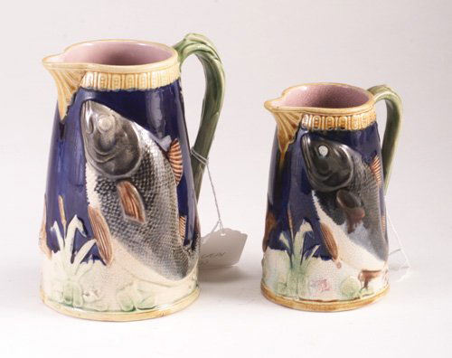 Two English Majolica jugs, c. 1880, fish: Two English Majolica jugs, c. 1880, fish design on cobalt ground. Tallest 8"