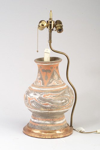 Chinese Han style unglazed pottery vase: Chinese Han style unglazed pottery vase mounted as table lamp. Ht. of vase: 15"
