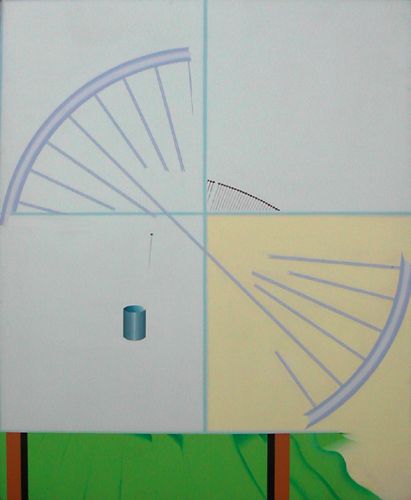 Naoto Nakagawa, Over the Table, 1967-68, acrylic o: Naoto Nakagawa, Over the Table, 1967-68, acrylic on canvas, 70 1/4" x 56 1/8", dated and titled (recto),titled, signed and dated on verso. Condition, large spider crackle in upper left, smudges