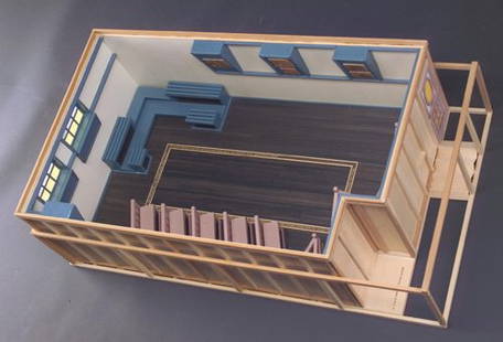 Siah Armajani, Model of the Louis Kahn Lecture Roo: Siah Armajani, Model of the Louis Kahn Lecture Room for the Fleisher Art Memorial, paint on balsa wood construction, 9" x 16 3/4" x 30 3/8" (model), titled, with plexiglass cover, Exhibition: Museu d'