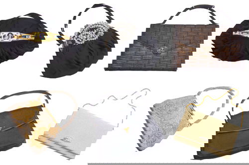 VINTAGE MIKIMOTO/GUCCI/MORABITO/SAKS ETC Six vinta: VINTAGE MIKIMOTO/GUCCI/MORABITO/SAKS ETC Six vintage evening bags: Mikimoto clutch of woven gold textile with cultured pearl ornaments; Gucci gold ruched fabric, the clasp hallmarked vermeil with marc