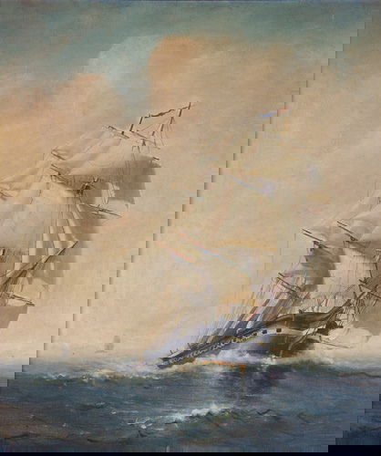 Marshall Johnson, Jr. (American 1850-1921) Ship at: Marshall Johnson, Jr. (American 1850-1921) Ship at Sea (U.S.S. Constitution), Oil on canvas, period gilt frame, Signed lower left. Provenance: a family collection since the late 19th century, records