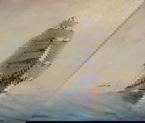 Marshall Johnson, Jr. (American 1850-1921) Ship und: Marshall Johnson, Jr. (American 1850-1921) Ship under Full Sail, Oil on canvas, period frame, Signed lower left. Provenance: a family collection since the late 19th century. 20" x 35"