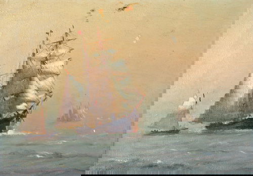 Marshall Johnson, Jr. (American 1850-1921) "Brig Co: Marshall Johnson, Jr. (American 1850-1921) "Brig Coming In," Oil on canvas, period frame, Signed lower left. Provenance: a family collection since the late 19th century. 10" x 14"