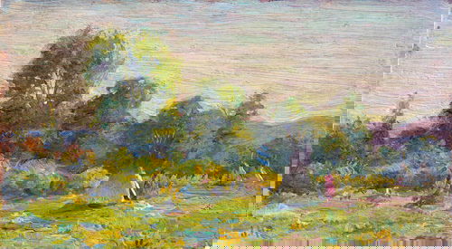 Joseph Henry Sharp (American 1859-1953) "Crow Agenc: Joseph Henry Sharp (American 1859-1953) "Crow Agency, Montana," 1905, Oil on panel, Signed J. H. S., lower left, inscribed "To Mr. Hubbard/ From J.H. Sharp/ Crow Agency Mont./ Sept. 20, 1905," framed.