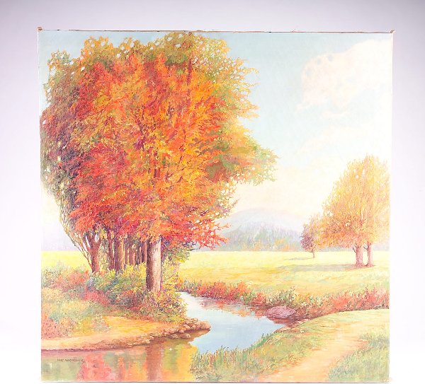 Mary Fairchild Macmonnies (American, 1857-1946), N: Mary Fairchild Macmonnies (American, 1857-1946), New Hampshire autumn landscape, oil on canvas, 34" x 34" signed, lower left, unframed