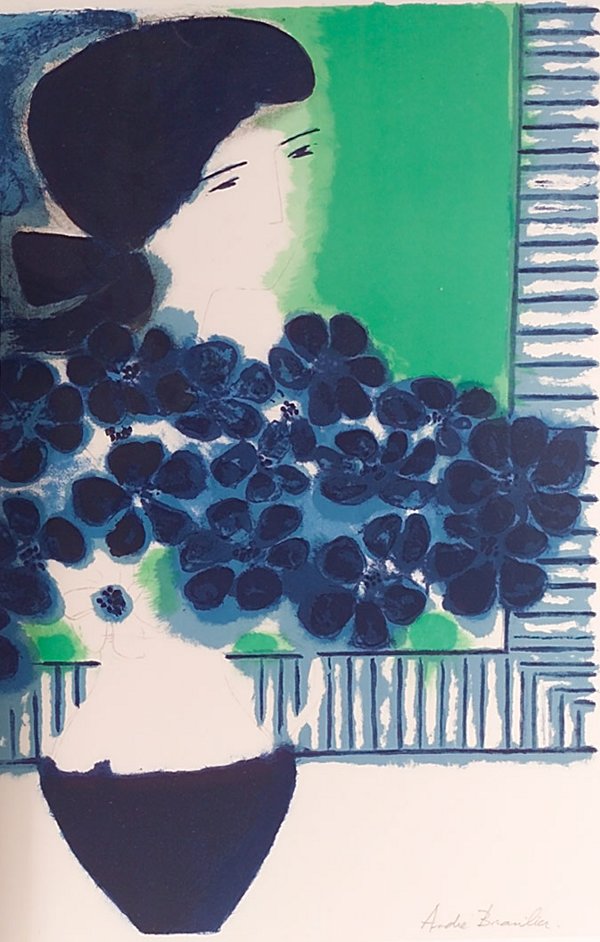 Andre Brasilier (French, b. 1888) woman with vase: Andre Brasilier (French, b. 1888) woman with vase and blue flowers, color lithograph, 30" x 22", signed artist's proofc