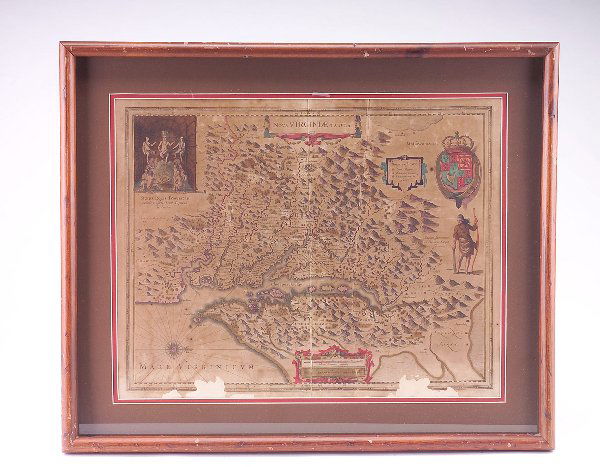 Engraved hand-colored map "Nova Virginae Tabula",: Engraved hand-colored map "Nova Virginae Tabula", losses to bottom edge, framed, plate 18" x 21"