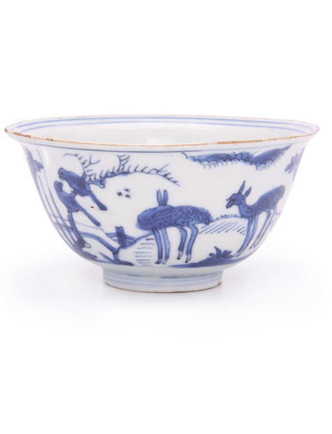 Rare Wan Li (1573-1620) Underglaze Blue Bowl: Decorated internally with resting horses and externally with monkey, deer, and birds in a tree. H. 6cm. Dia. 12cm.