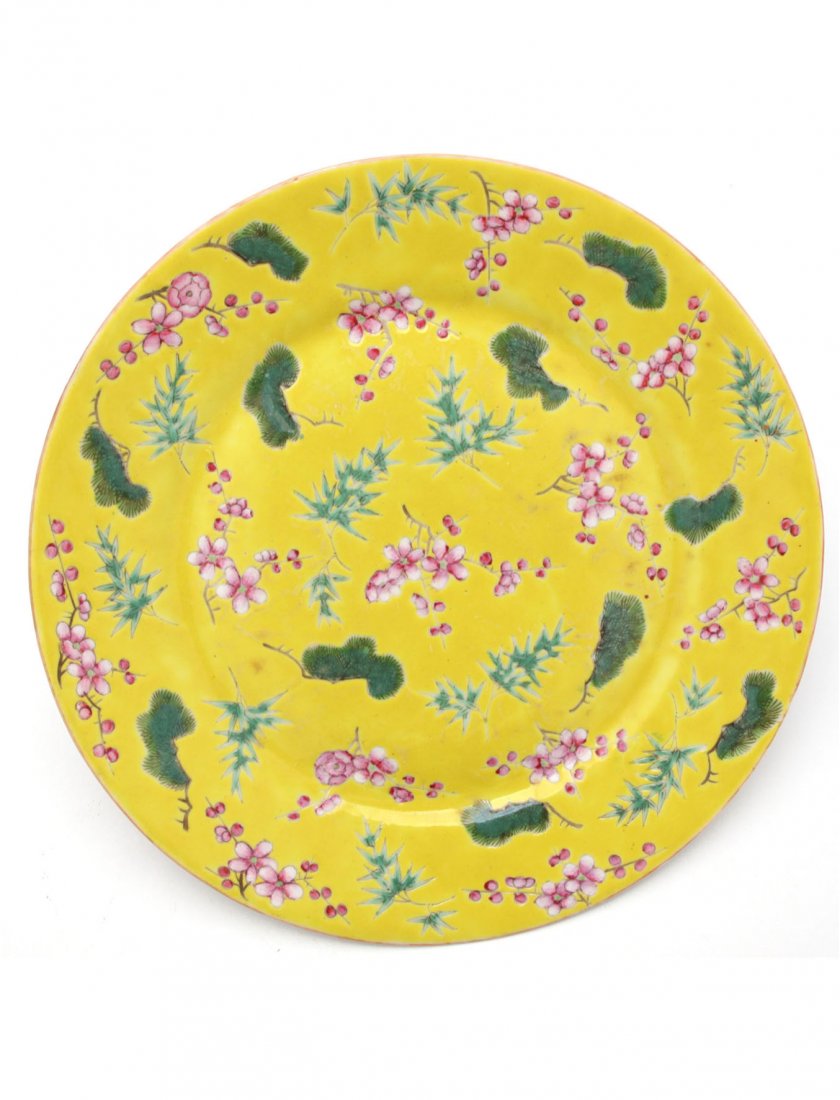 Old Republic Period Export Chinese Yellow Ground Plate: Qianlong mark to base together with China stamp. Dia. 25cm.