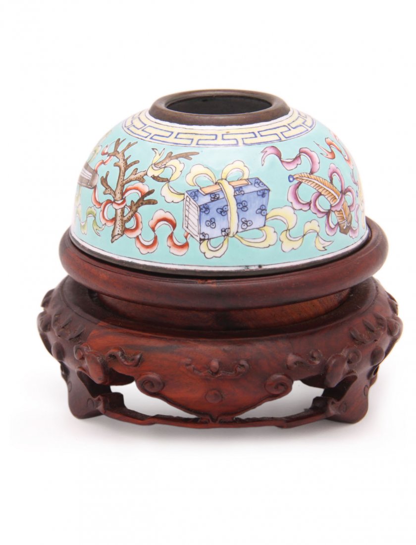 Unusual Chinese Canton Enamel Decorated Beehive Brush: Decorated with eight Buddhist emblems on a pale blue ground, exposed bronze rim and foot rim. With four character Yongxheng (1723-1735) reign mark in blue enamel to underside. Age uncertain but appear