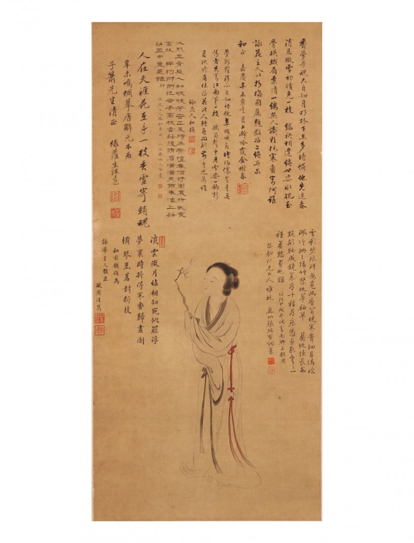 Old Female Figure Painting on Old Chinese Scroll: Painting by Wang Ming from early 19th Century. With multiple poetry and seal marks.