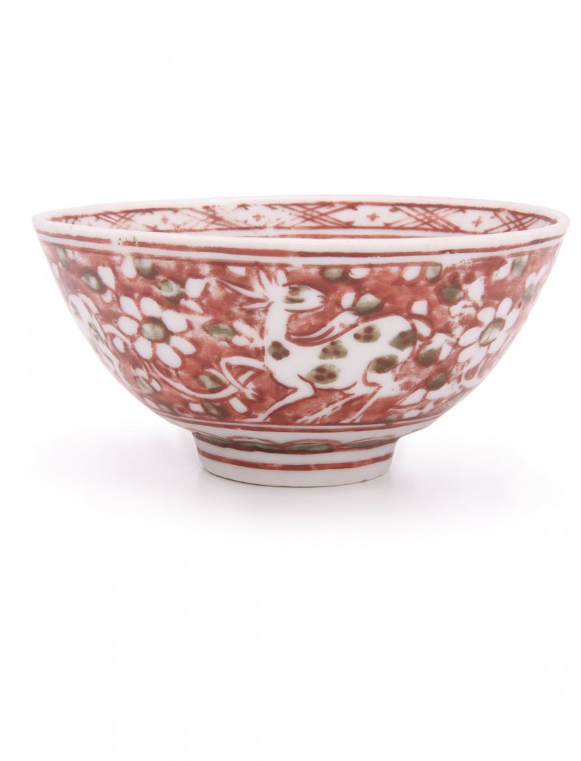 Ming Dynasty Swatow Ware Bowl: Decorated with deer and surrounded by floral scrolls. In green and iron red. Four deer decorate outer bowl. H. 6cm. Dia. 13cm.