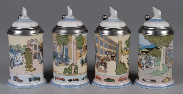 Four Mettlach Steins: .5L, chromolith stoneware, "Centennial Car" series, limited edition (dated January 1, 1987) issued to commemorate the 100th anniversary of the automobile: Bugatti, Ford, Mercedes Benz, Rolls Royce Pro