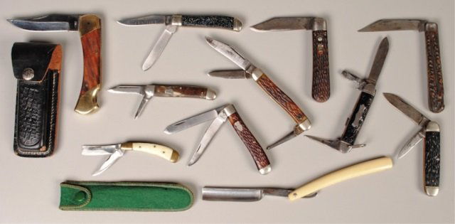 Eleven Pieces: Ten Knives - One Straight Razor: Schrade 293; Schrade Cutlery (Walden) single blade folding knife (last pat. date June 6,16); A.W. Wadsworth & Son, single blade, F.K., Czechoslovakia; single blade F.K. lockback mkd stainless Pakistan