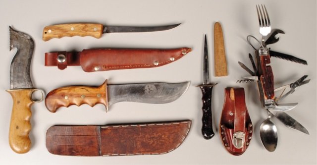 Six Knives: handmade & engraved hunting/fishing knife mkd Hand/Made/G.E. Yake/1951, 5-1/2" blade; handmade & engraved hunting knife, fixed 6-3/8" blade, w/sheath, attributed to G.E. Yake; Schrade GF65 fillet knif