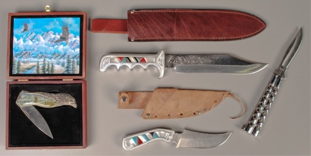 Four Knives: two fixed blade w/inlaid handles & leather sheaths; Parker Cutlery Co. "Gypsy"; eagle form knife w/case