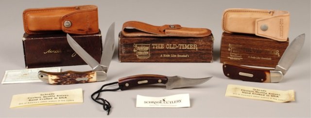 Three Schrade Cutlery Knives: Old Timer 510T w/sheath & box; Old Timer 152OT, fixed blade "Sharpfinger" w/sheath & orig box; Uncle Henry 227UH w/sheath & box