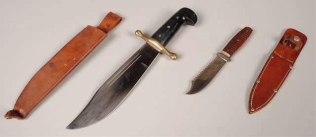 Two Case Knives: Case XX Bowie Knife, fixed 9-1/4" blade, w/sheath; Case Hunting/Fishing single blade knife w/bone handle, w/sheath