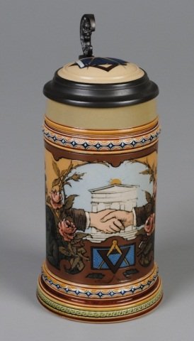 Mettlach Stein: .5L, 1819, mosaic, inlaid lid, Masonic, signed Warth Provenance: Dennis Galloway Estate, Etowah, NC