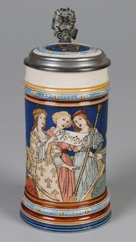 Mettlach Stein: .5L, 2581, etched, inlaid lid, musical scene with women, signed Quidenus Provenance: Dennis Galloway Estate, Etowah, NC