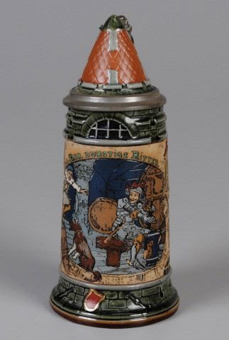 Mettlach Stein: .5L, 2382, etched, inlaid conical lid, thirsty rider, knight drinking in cellar then riding off into night, signed Schlitt Provenance: Dennis Galloway Estate, Etowah, NC