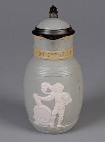 Mettlach Stein: 1.8L, 3024, relief, inlaid lid, Cavalier with beer stein Provenance: Dennis Galloway Estate, Etowah, NC