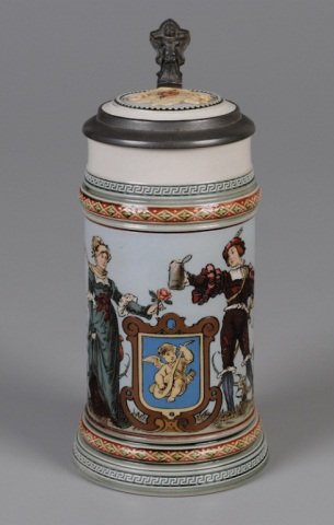 Mettlach Stein: .5L, 1725, etched, inlaid lid, Lovers, signed Warth (interior w/light staining) Provenance: Dennis Galloway Estate, Etowah, NC
