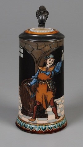 Mettlach Stein: .5L, 2776, etched, inlaid lid, Keeper of wine cellar (interior bottom w/light stain) Provenance: Dennis Galloway Estate, Etowah, NC