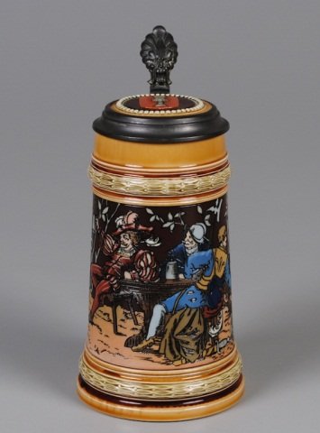 Mettlach Stein: .5L, 1527, etched, inlaid lid, four men drinking, brown background, signed Warth Provenance: Dennis Galloway Estate, Etowah, NC