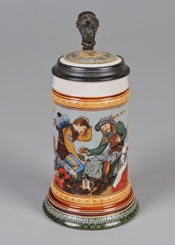 Mettlach Stein: .5L, 2441, etched, inlaid lid, Gambler's stein, two dice players, by Quidenus Provenance: Dennis Galloway Estate, Etowah, NC