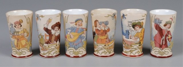Six Mettlach .25L Beakers, PUG: 1091(2368), Waiter serving wine (stains); 1092(2368), Cavalier holding glass; 1093(2368), Cavalier playing mandolin; 1094(2368), Cavalier drinking from stein (stains); 1095(2368), Cavalier smoking pip