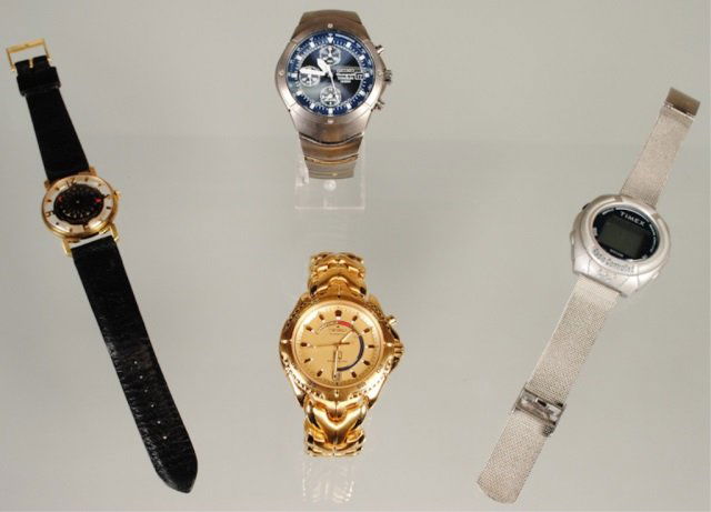 Four Gentleman's Wristwatches: Ernest Borel Cocktail Kaleidoscope; Seiko Kinetic Sports 100 (gold face); Seiko Chronograph Titanium 100M; Timex WR50M Radio Controlled (three in working condition, Timex lacks battery)