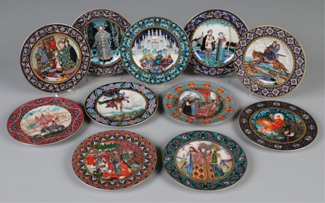 Eleven Villeroy & Boch Plaques, Heinrich: Russian Fairy Tales series, 8-1/2": three "The Firebird"; three "Maria Morevna"; three "Vassilissa The Fair"; two "The Snow Maiden" Provenance: Dennis Galloway Estate, Etowah, NC