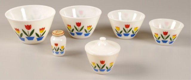 Fire King "Tulip" Mixing Bowl Set + Grease Jar: four nesting bowls (6-1/2, 7-1/2, 8-1/2, 9-1/2"), lidded grease jar, pepper shaker