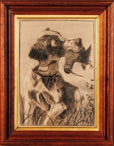Charcoal Drawing, Hunting Dog with Bird: unsigned, 19 x 15" w/frame