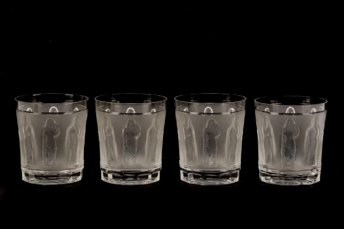 Set of 4 Lalique 'Femmes Antiques' Tumblers: Lalique (French, 1888-contemporary). Set of four molded and frosted crystal tumblers in the "Femmes Antiques" pattern designed by Marc Lalique in 1962. Each tumbler with etched "Lalique France" signat