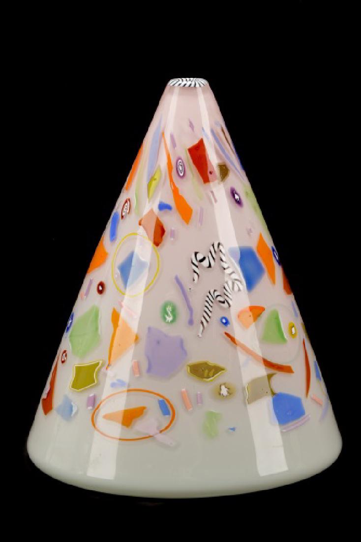 Richard Marquis Ro Purser Volcano Glass Vase: Richard Marquis (American, b.1945), and Ro Purser for Nobel Effort Design (founded 1983). A white cased blown glass 'Volcano' vase in conical form decorated with colored patterns of murrine including