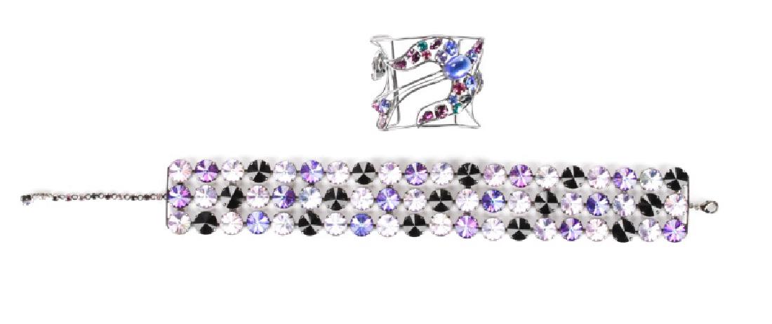 Butler Wilson Bracelet & Philippe Ferrandis Cuff: Butler & Wilson (English, founded 1972) and Philippe Ferrandis (French, founded 1986). Two pieces of jewelry, including a three strand bracelet with round pink, purple, and opaque black glass crystals