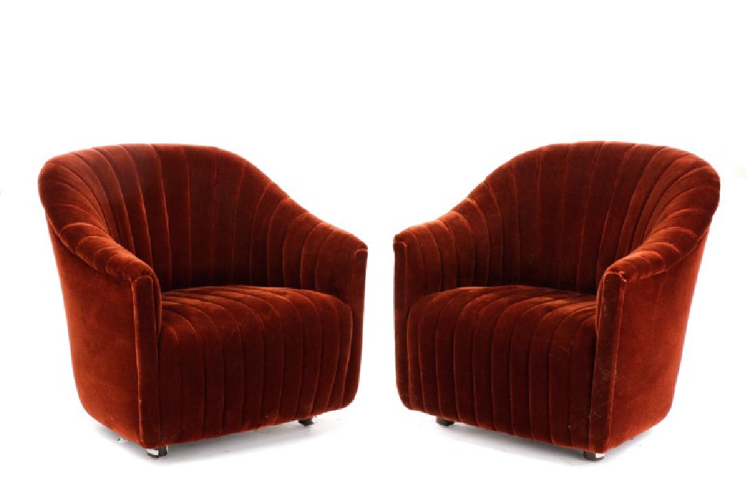 Pair, Ward Bennett Channel Back Mohair Club Chairs: Ward Bennett (American, 1917-2003) for Brickel Associates Inc. (American, 1964-1993), circa 1980s. A pair of brown channel back club chairs, each upholstered in brown mohair velvet, with four round st