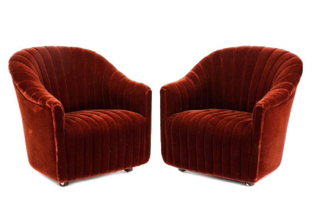 Pair, Ward Bennett Channel Back Mohair Club Chairs: Ward Bennett (American, 1917-2003) for Brickel Associates Inc. (American, 1964-1993), circa 1980s. A pair of brown channel back club chairs, each upholstered in brown mohair velvet, with four round st