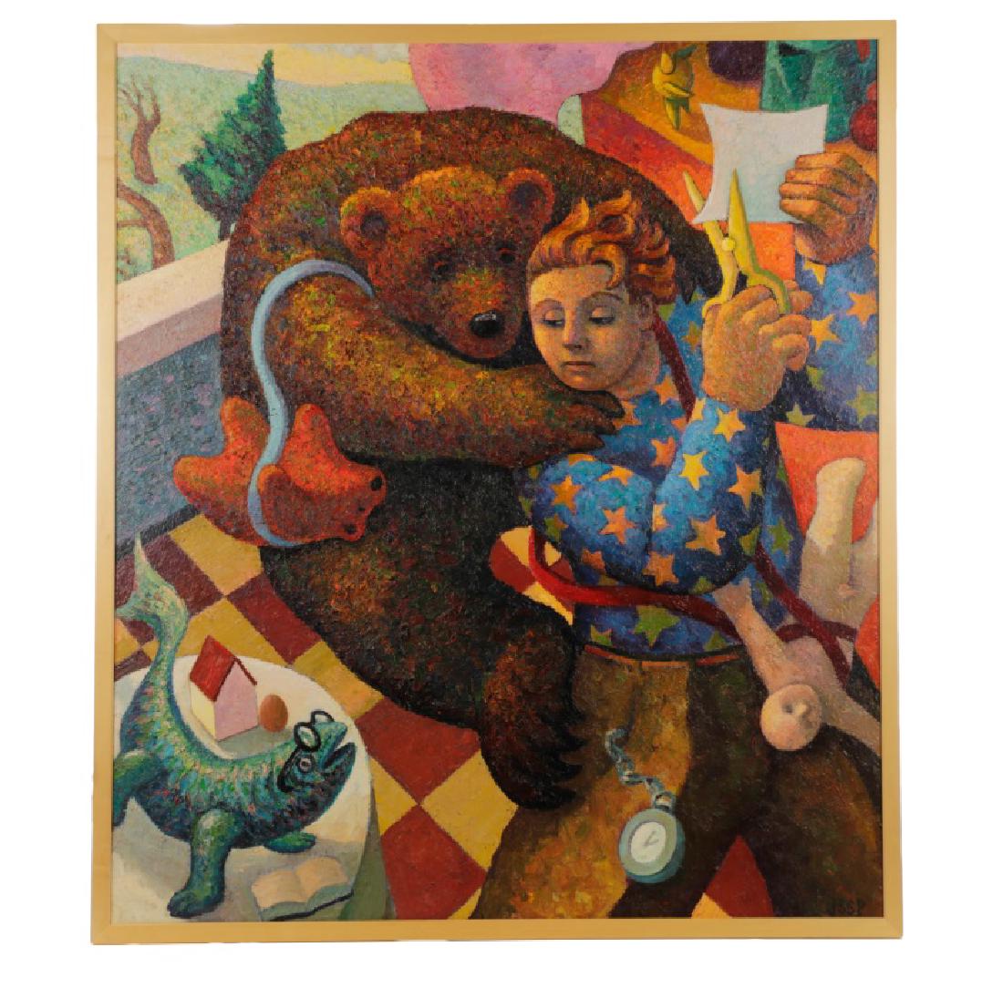 Robert Jessup, "Bedside Bear", Oil on Canvas: Robert Jessup (American (active Texas), b. 1952), "Untitled (Bedside Bear)", oil on canvas, monogrammed to lower right "JSSP". Allegorical figure painting depicting a young boy with scissors in hand a
