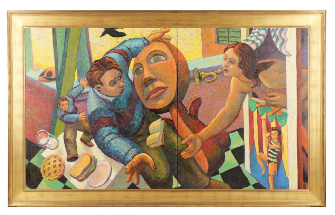 Robert Jessup, "Unexpected Encounter"-1998: Robert Jessup (American (active Texas), b. 1952), "Unexpected Encounter"-1998, oil on canvas, monogrammed to lower right "JSSP", additionally signed, dated and titled to verso. Allegorical figure pain