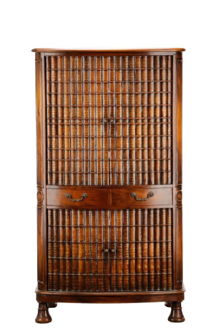 Simulated Book Cabinet, Manner Maitland-Smith: Manner of Maitland-Smith (American, founded 1979). Simulated book two door cabinet, both tambour doors fronted by faux book bindings divided by a pair of short drawers, the sides inset with brown leat
