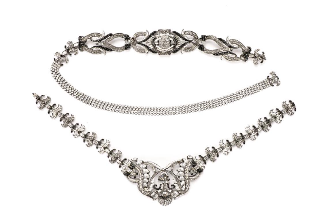Barrera Rhinestone Necklace w/Matching Belt: Jose and Maria Barrera (American, founded 1980s). A black rhodium plated and rhinestone crystal necklace with matching belt, both ornately decorated with Gothic scrolls and assorted size and shaped cl